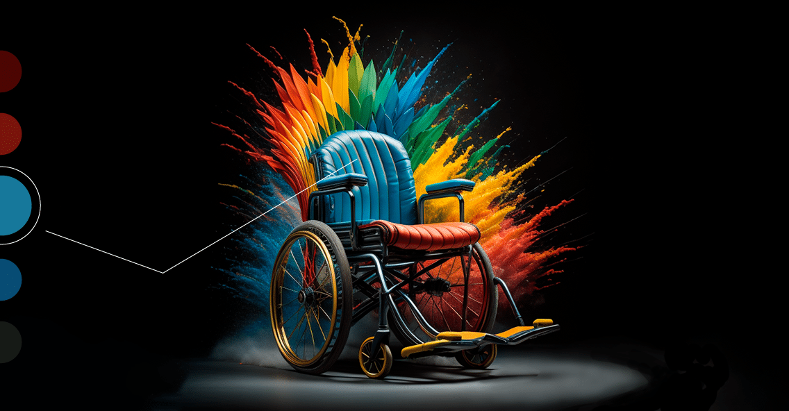 Uma cadeira de rodas colorida, com encosto azul e assento marrom. Atrás dela uma explosão de cores sobre um fundo preto. Na lateral esquerda há um menu de cores para serem selecionados e uma seta conecta a opção de azul ao encosto azul da cadeira.