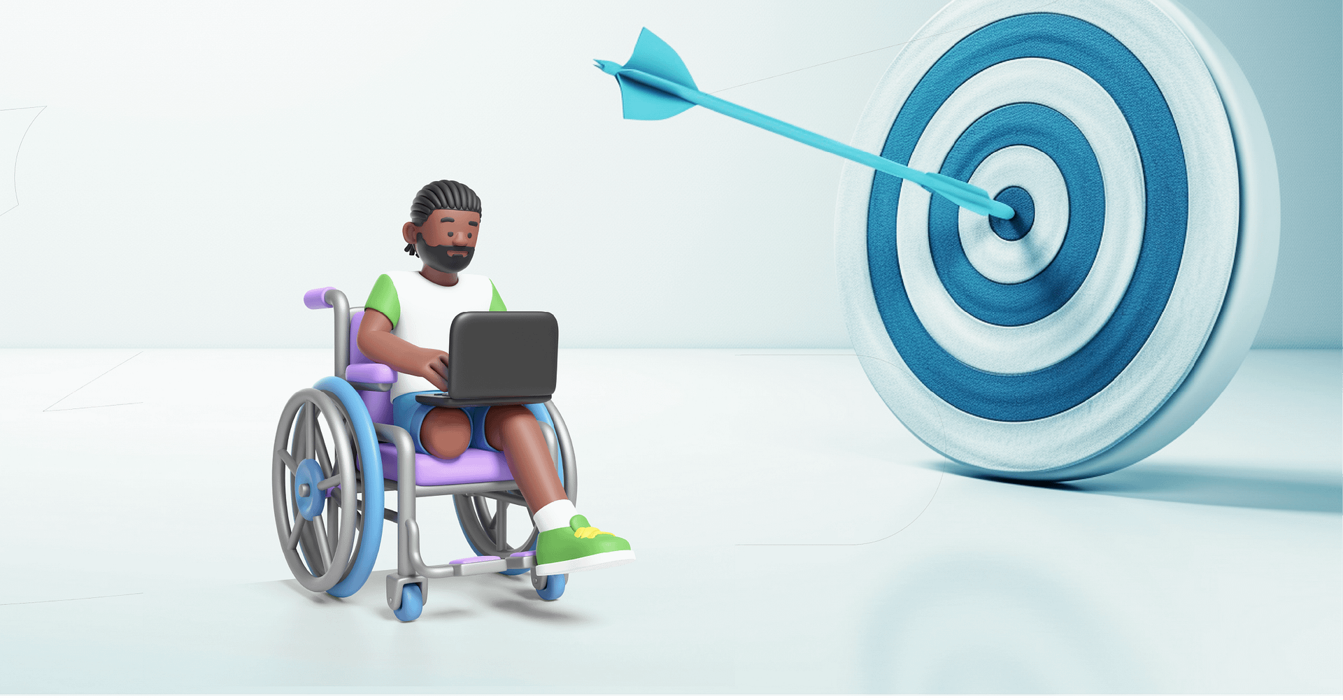 Ilustração de um homem negro em uma cadeira de rodas com um notebook no colo. À direita dele há um alvo com uma flecha no centro.